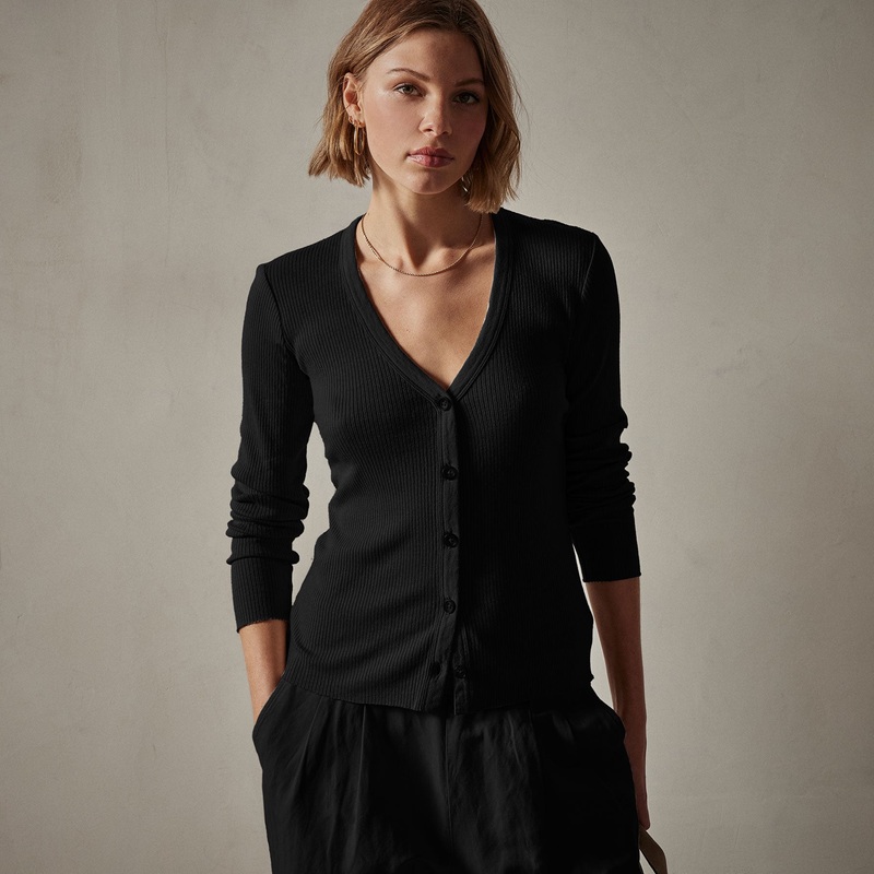 Cotton Cashmere Rib Cardigan – Black