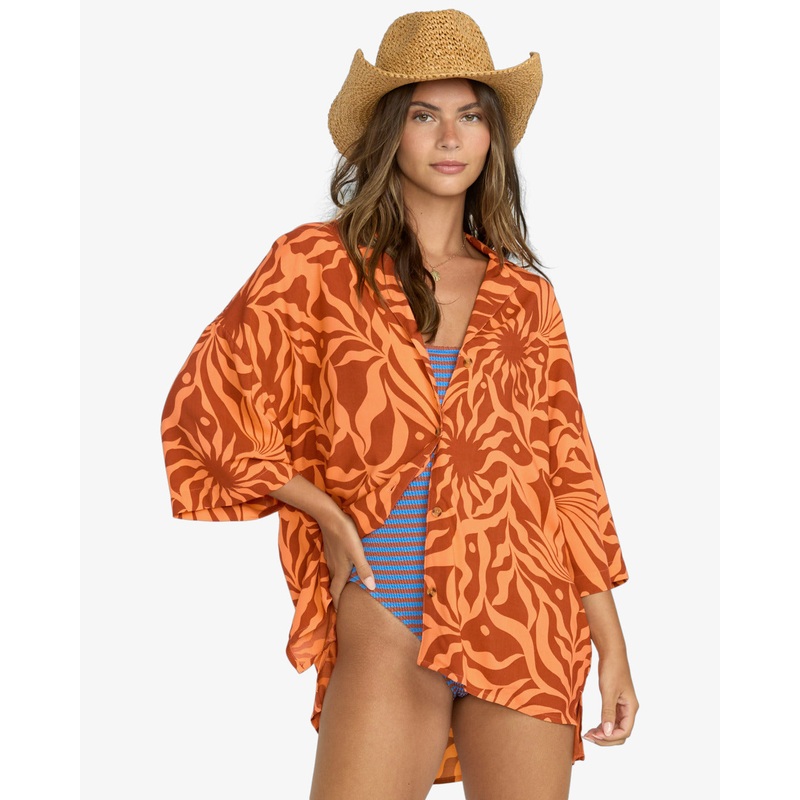 Billabong Beach Side Printed Short Sleeve Woven Shirt Orange Squeeze