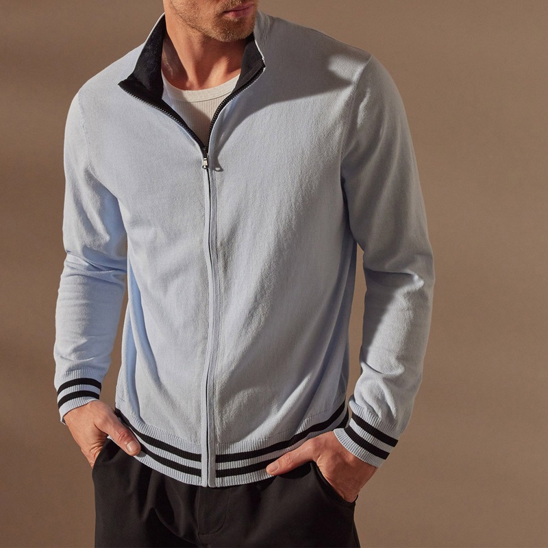 Double Retro Striped Zip Up Cardigan  – Bleached Blue/Black