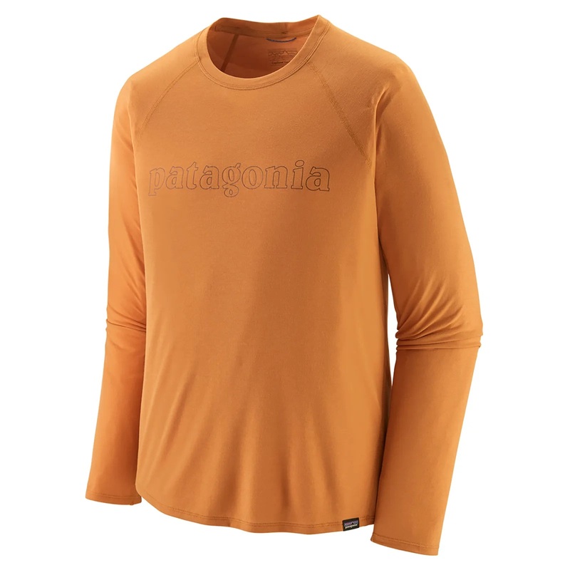Patagonia Men’s Long Sleeved Capilene Cool Trail Graphic Shirt – Outline Text Logo/Golden Caramel