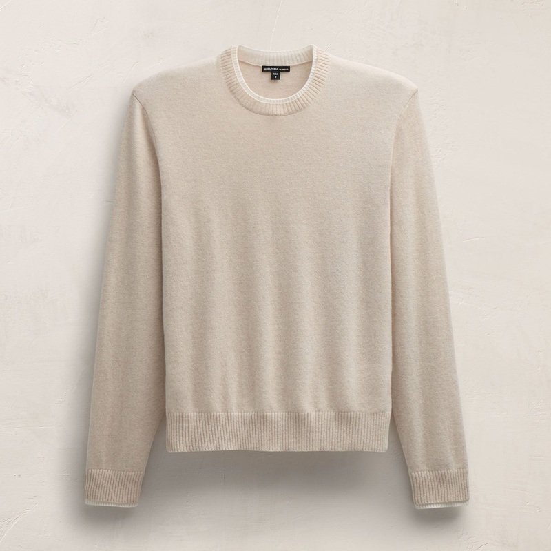 Contrast Trim Cashmere Crew – Stucco/Ivory