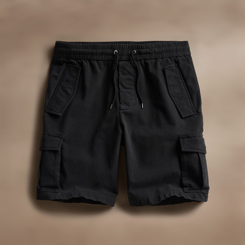 Woven Cotton Terry Cargo Short – Black