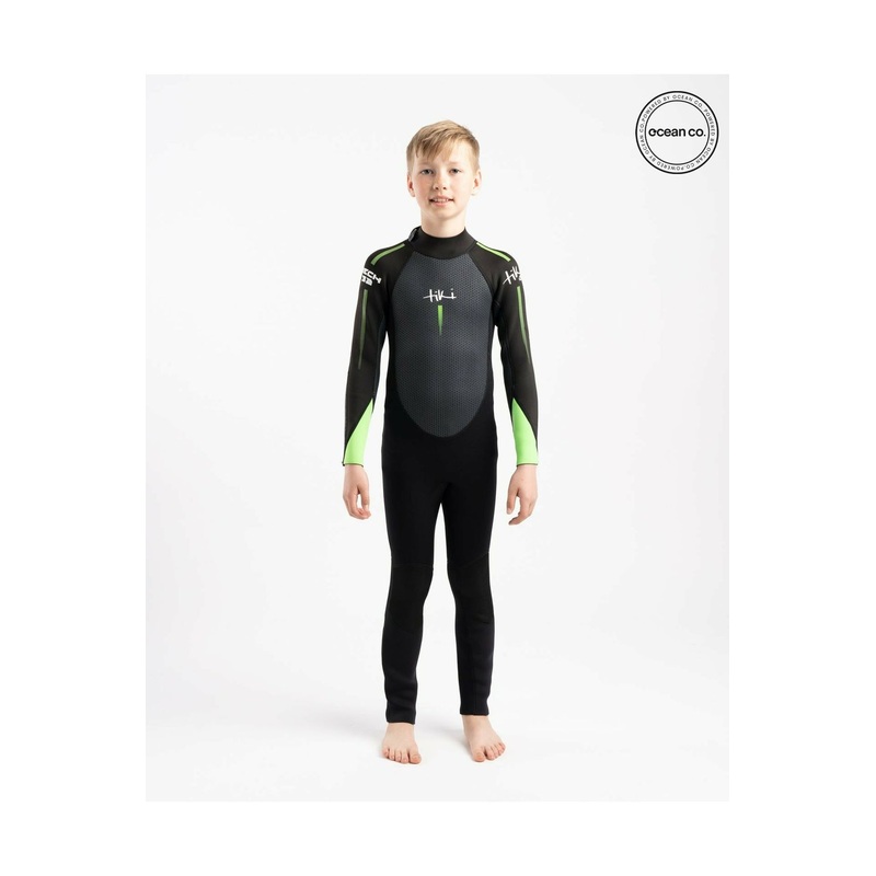 Tiki Tech Junior 3/2 Wetsuit With Back Zip in Black & Green